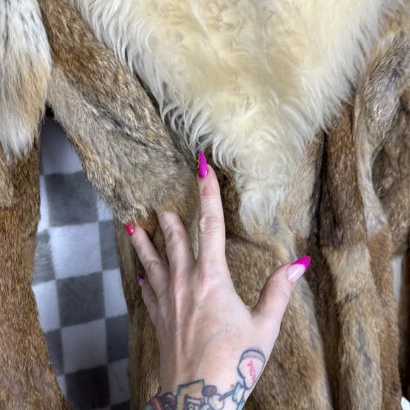 Vintage Genuine rabbit fur coat big collar chunky wool trim belt S *see note! - Picture 13 of 14